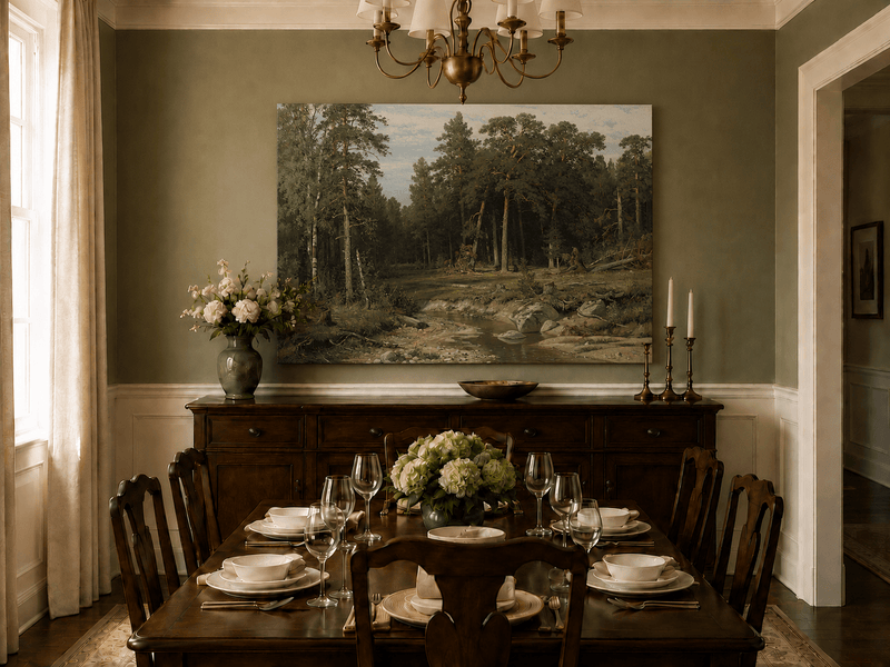 Unframed hand-painted forest stream oil painting with tall pine trees and rocky water displayed above a formal dining table.