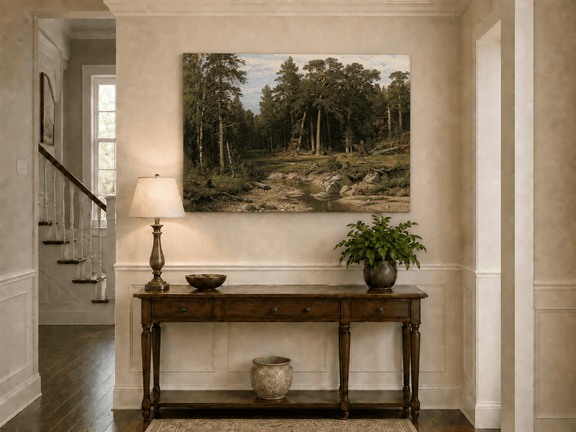 Unframed hand-painted forest stream oil painting with tall pine trees and rocky water displayed above an entryway console table.