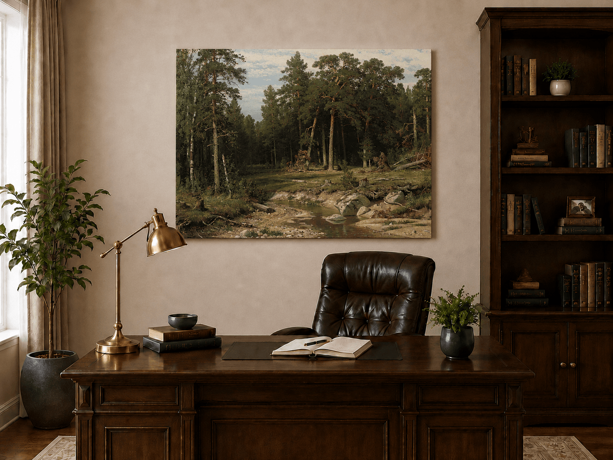Unframed hand-painted forest stream oil painting with tall pine trees and rocky water displayed above a traditional home office desk.