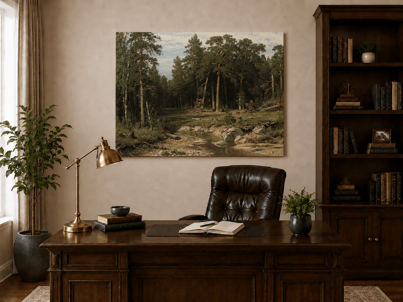 Unframed hand-painted forest stream oil painting with tall pine trees and rocky water displayed above a traditional home office desk.