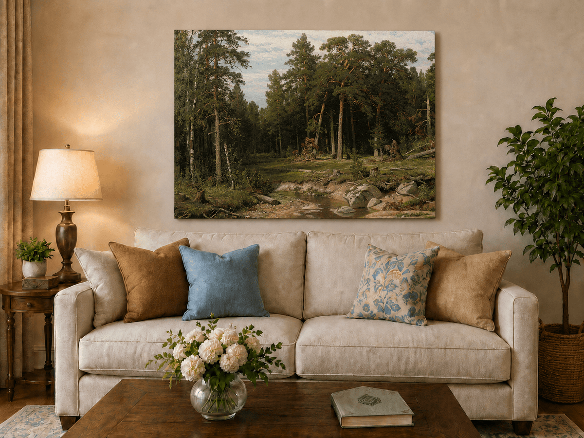 Unframed hand-painted forest stream oil painting with tall pine trees and rocky water displayed above a neutral living room sofa.