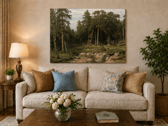 Unframed hand-painted forest stream oil painting with tall pine trees and rocky water displayed above a neutral living room sofa.
