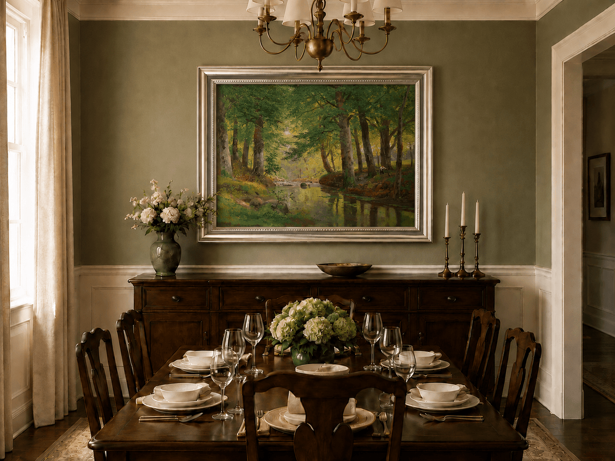 Framed hand-painted forest stream oil painting with tall trees and bright reflections displayed above a formal dining table.