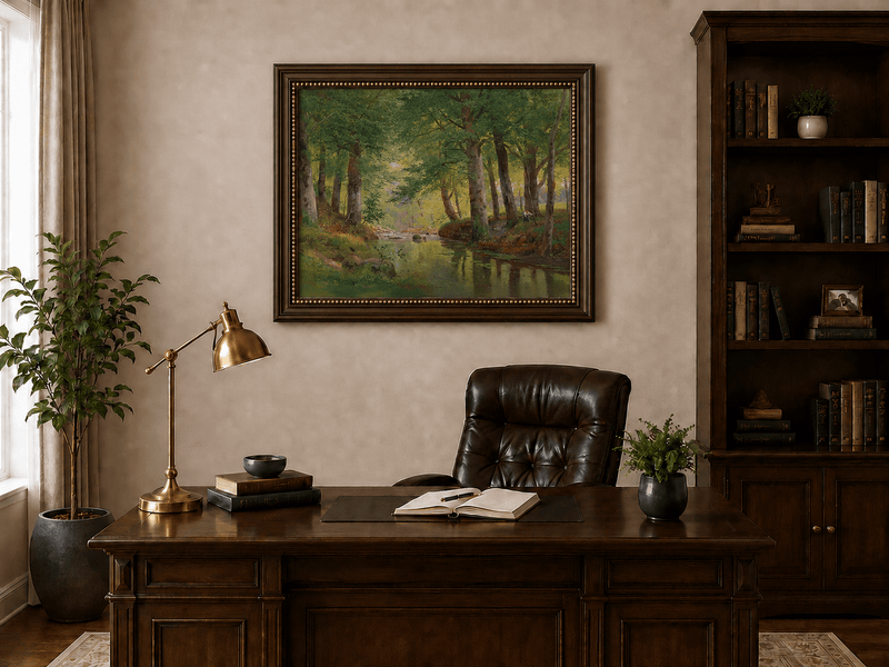 Framed hand-painted forest stream oil painting with tall trees and bright reflections displayed above a traditional home office desk.