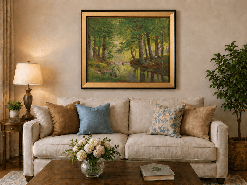 Framed hand-painted forest stream oil painting with tall trees and bright reflections displayed above a neutral living room sofa.