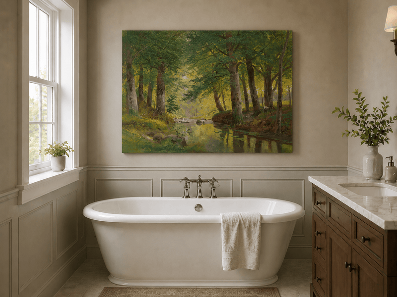 Unframed hand-painted forest stream oil painting with tall trees and bright reflections displayed above a freestanding bathtub.