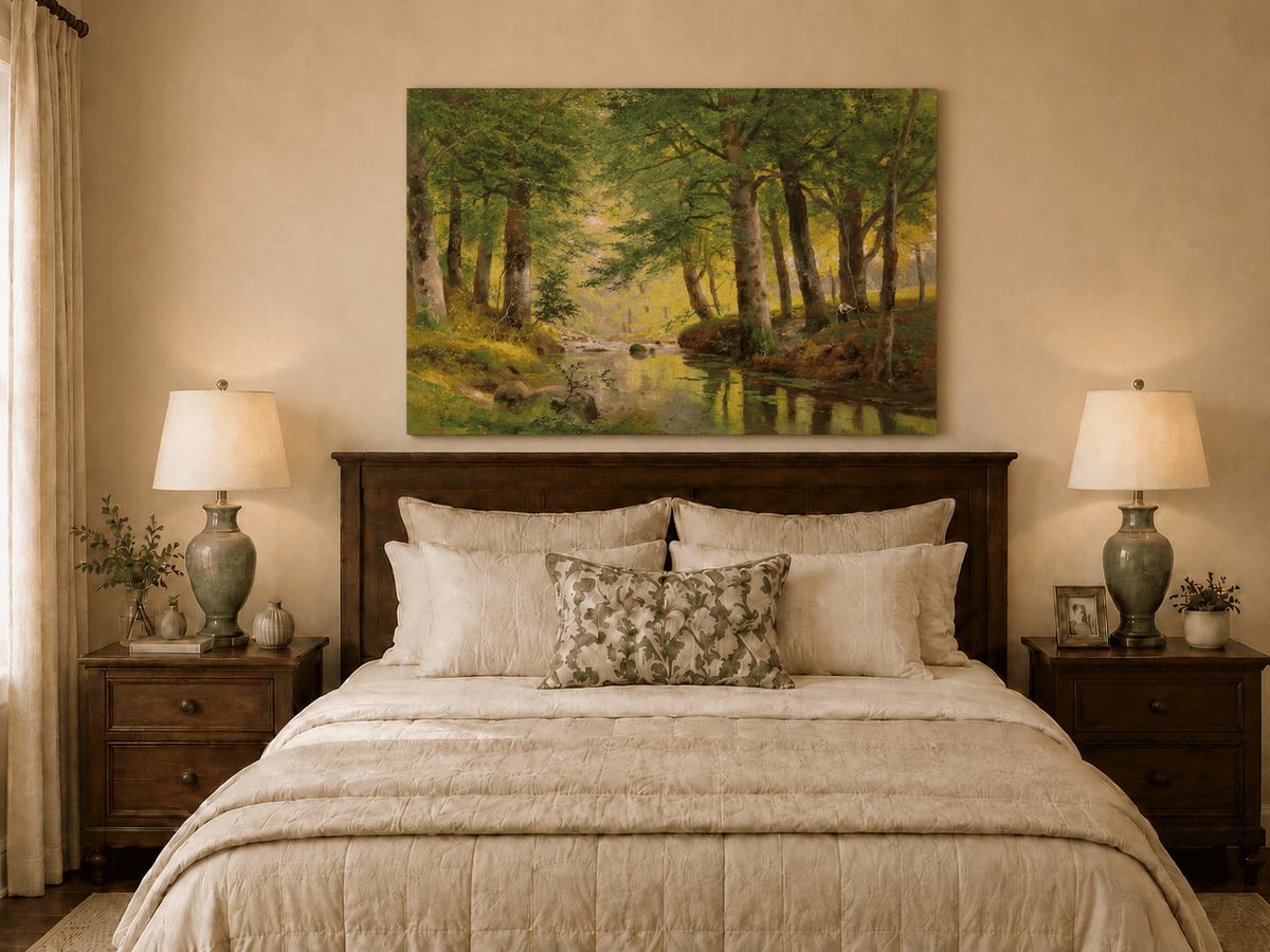 Unframed hand-painted forest stream oil painting with tall trees and bright reflections displayed above a wooden bed in a neutral bedroom.