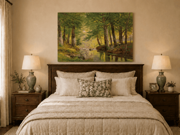 Unframed hand-painted forest stream oil painting with tall trees and bright reflections displayed above a wooden bed in a neutral bedroom.