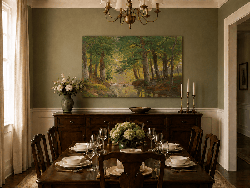 Unframed hand-painted forest stream oil painting with tall trees and bright reflections displayed above a formal dining table.
