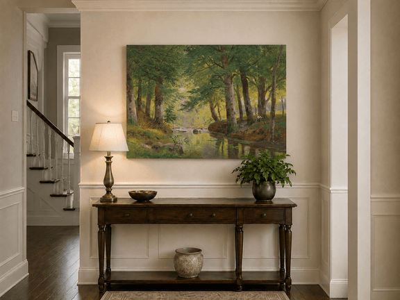 Unframed hand-painted forest stream oil painting with tall trees and bright reflections displayed above an entryway console table.