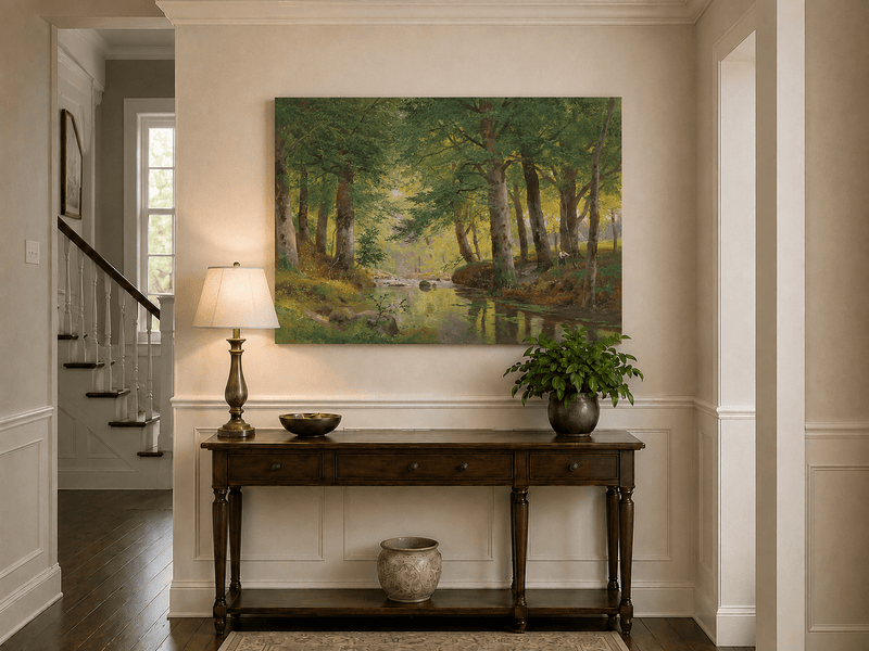 Unframed hand-painted forest stream oil painting with tall trees and bright reflections displayed above an entryway console table.