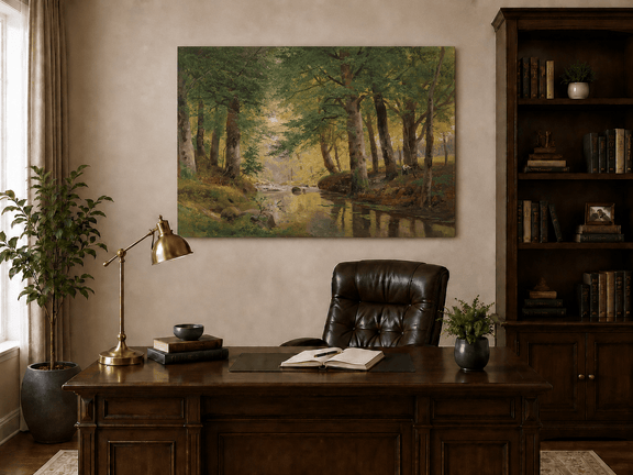 Unframed hand-painted forest stream oil painting with tall trees and bright reflections displayed above a traditional home office desk.
