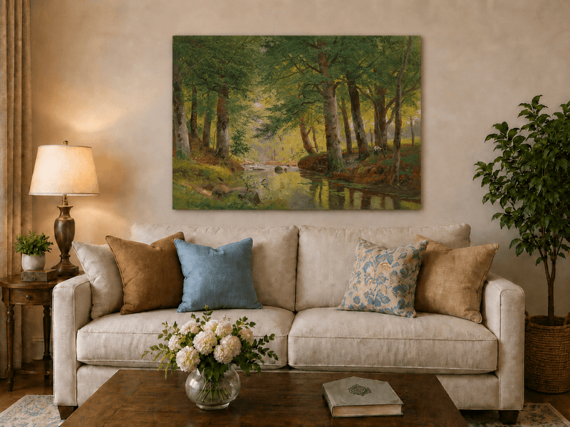 Unframed hand-painted forest stream oil painting with tall trees and bright reflections displayed above a neutral living room sofa.
