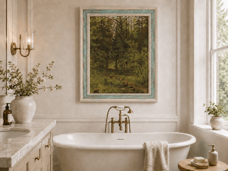 Framed hand-painted woodland stream oil painting with dense trees and shadowed water displayed above a freestanding bathtub.