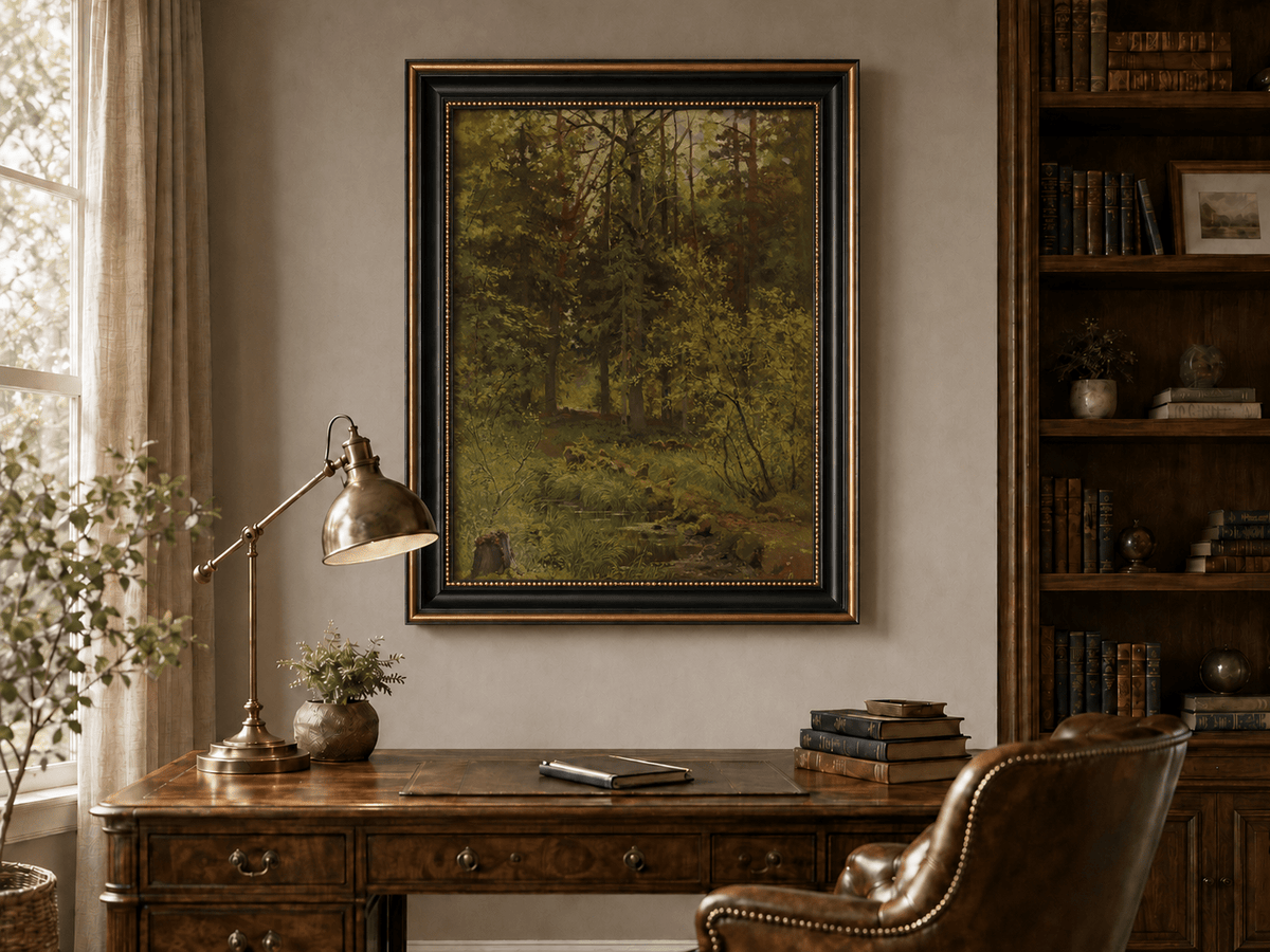 Framed hand-painted woodland stream oil painting with dense trees and shadowed water displayed above a traditional home office desk.