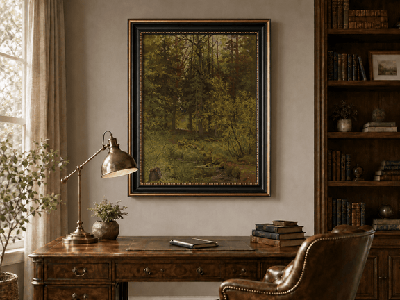 Framed hand-painted woodland stream oil painting with dense trees and shadowed water displayed above a traditional home office desk.