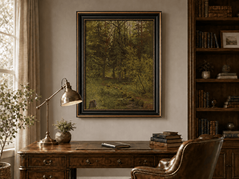 Framed hand-painted woodland stream oil painting with dense trees and shadowed water displayed above a traditional home office desk.