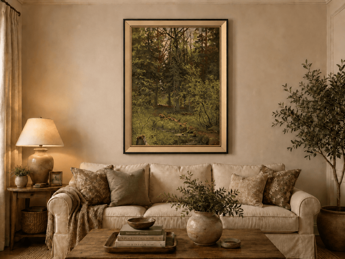 Framed hand-painted woodland stream oil painting with dense trees and shadowed water displayed above a neutral living room sofa.