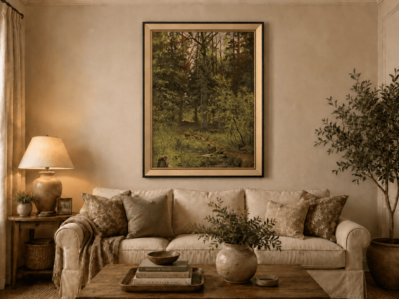 Framed hand-painted woodland stream oil painting with dense trees and shadowed water displayed above a neutral living room sofa.