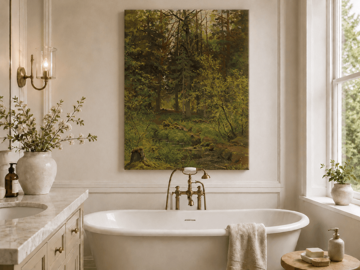 Unframed hand-painted woodland stream oil painting with dense trees and shadowed water displayed above a freestanding bathtub.