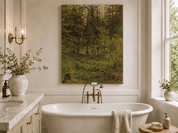 Unframed hand-painted woodland stream oil painting with dense trees and shadowed water displayed above a freestanding bathtub.