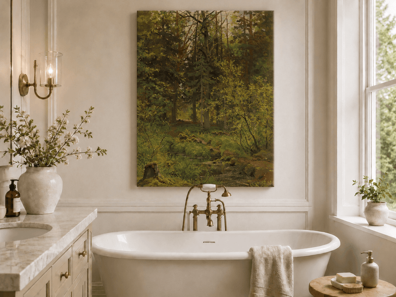 Unframed hand-painted woodland stream oil painting with dense trees and shadowed water displayed above a freestanding bathtub.