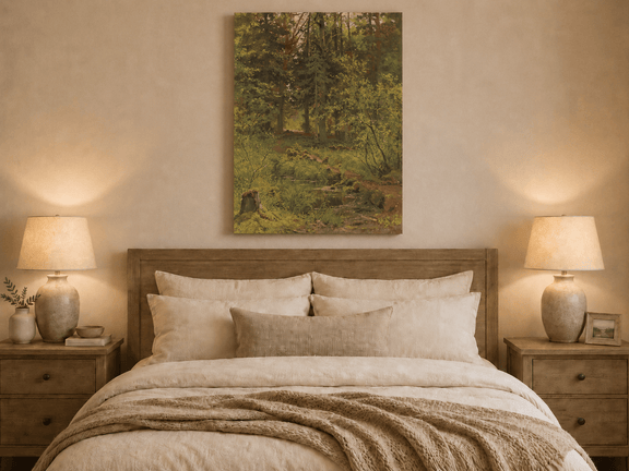 Unframed hand-painted woodland stream oil painting with dense trees and shadowed water displayed above a wooden bed in a neutral bedroom.