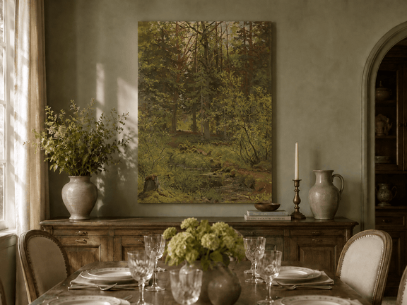 Unframed hand-painted woodland stream oil painting with dense trees and shadowed water displayed above a formal dining table.