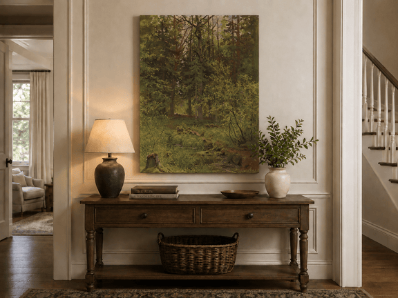 Unframed hand-painted woodland stream oil painting with dense trees and shadowed water displayed above an entryway console table.