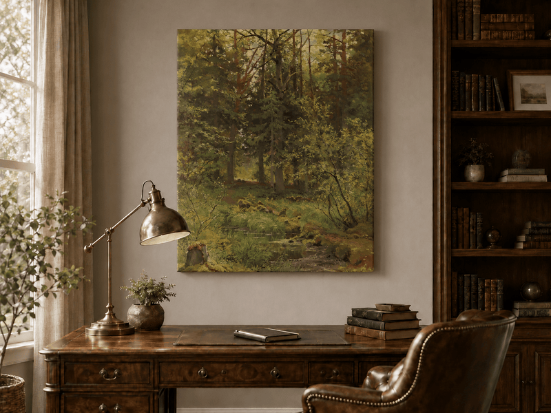 Unframed hand-painted woodland stream oil painting with dense trees and shadowed water displayed above a traditional home office desk.