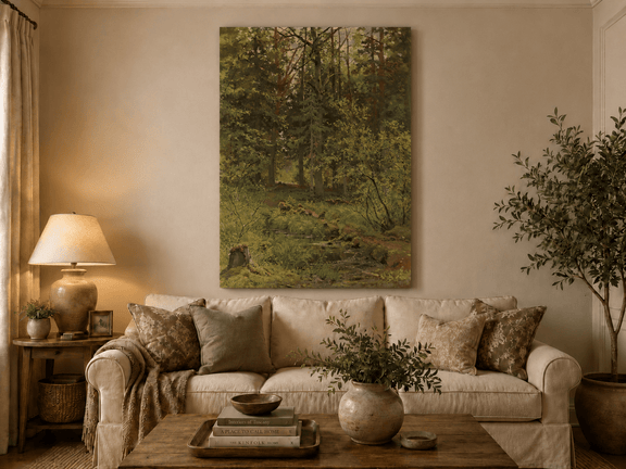 Unframed hand-painted woodland stream oil painting with dense trees and shadowed water displayed above a neutral living room sofa.