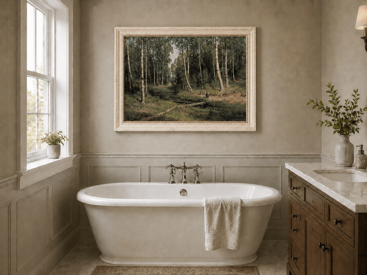 Framed hand-painted forest stream oil painting with figures among the trees displayed above a freestanding bathtub.