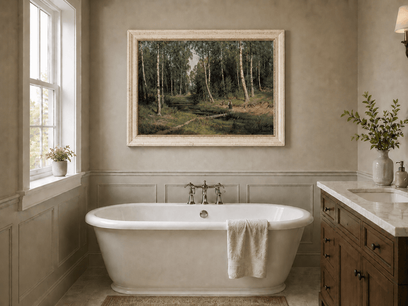 Framed hand-painted forest stream oil painting with figures among the trees displayed above a freestanding bathtub.
