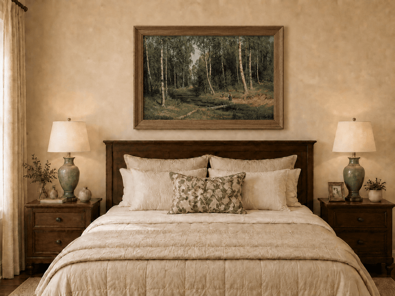 Framed hand-painted forest stream oil painting with figures among the trees displayed above a wooden bed in a neutral bedroom.
