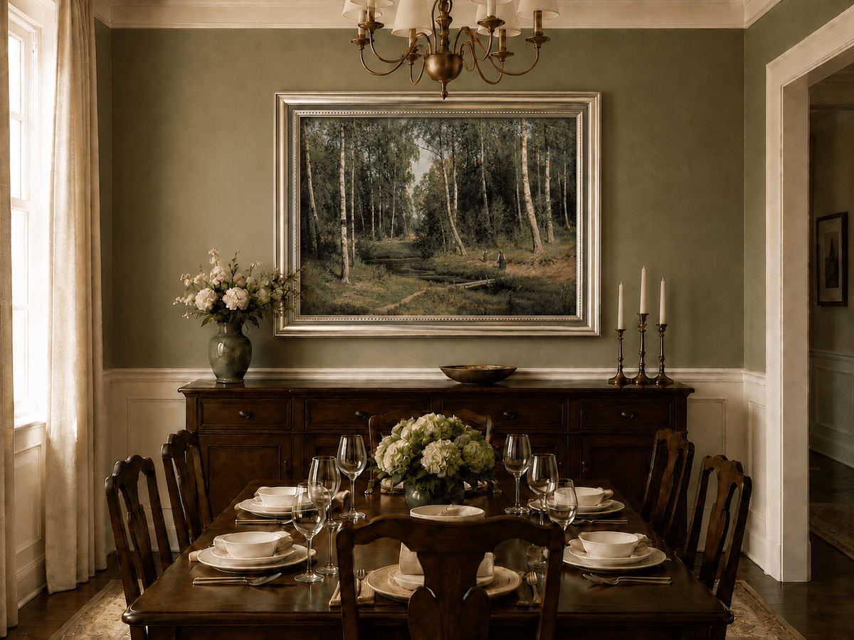 Framed hand-painted forest stream oil painting with figures among the trees displayed above a formal dining table.