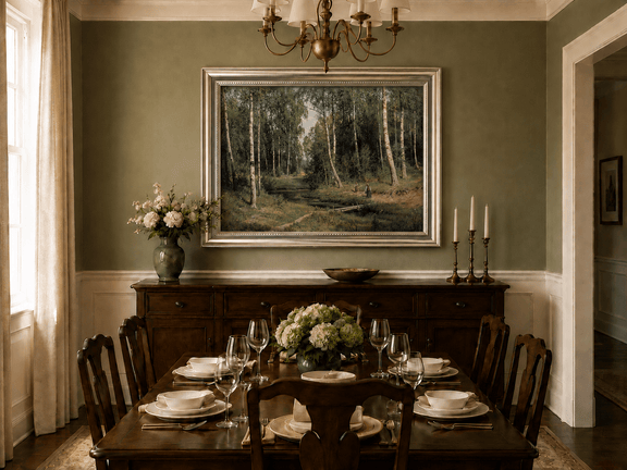 Framed hand-painted forest stream oil painting with figures among the trees displayed above a formal dining table.