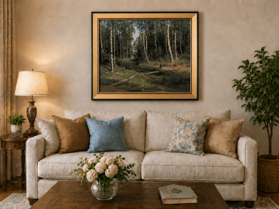 Framed hand-painted forest stream oil painting with figures among the trees displayed above a neutral living room sofa.