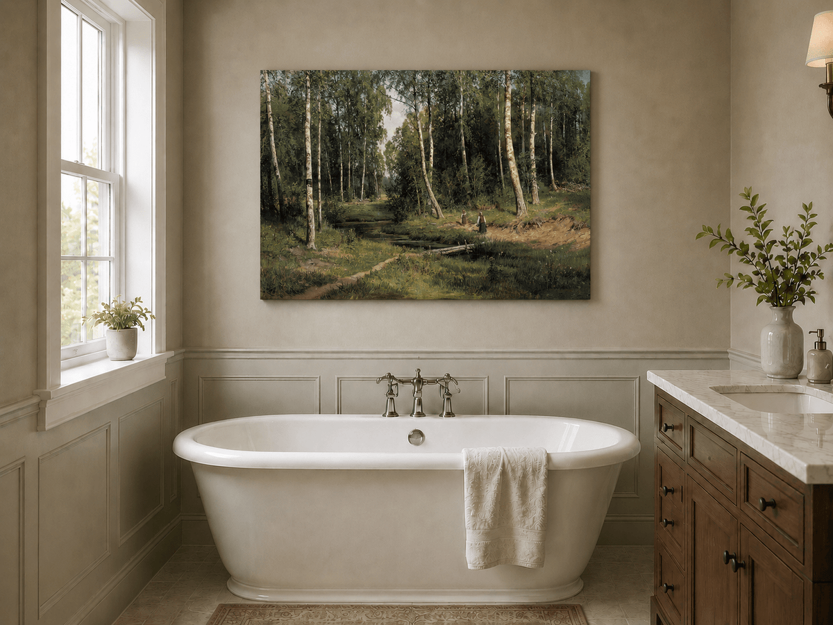 Unframed hand-painted forest stream oil painting with figures among the trees displayed above a freestanding bathtub.
