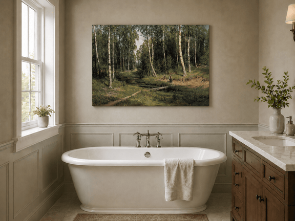 Unframed hand-painted forest stream oil painting with figures among the trees displayed above a freestanding bathtub.