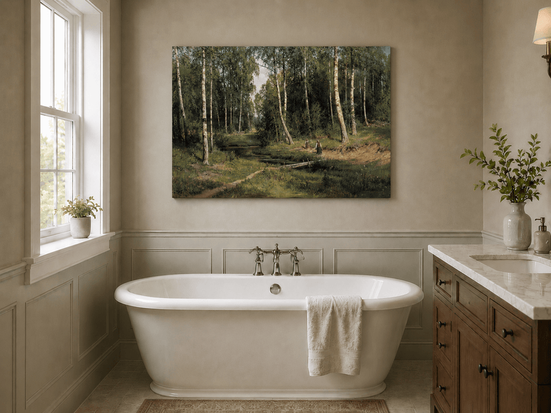 Unframed hand-painted forest stream oil painting with figures among the trees displayed above a freestanding bathtub.