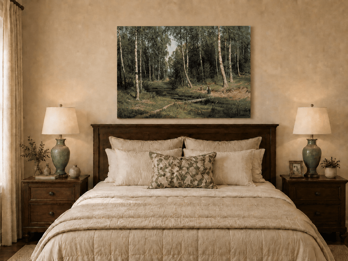 Unframed hand-painted forest stream oil painting with figures among the trees displayed above a wooden bed in a neutral bedroom.