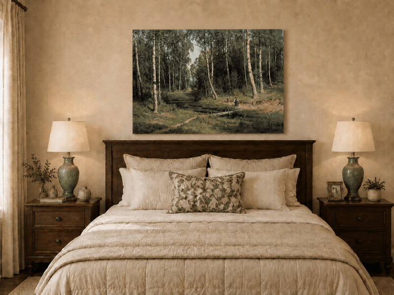 Unframed hand-painted forest stream oil painting with figures among the trees displayed above a wooden bed in a neutral bedroom.