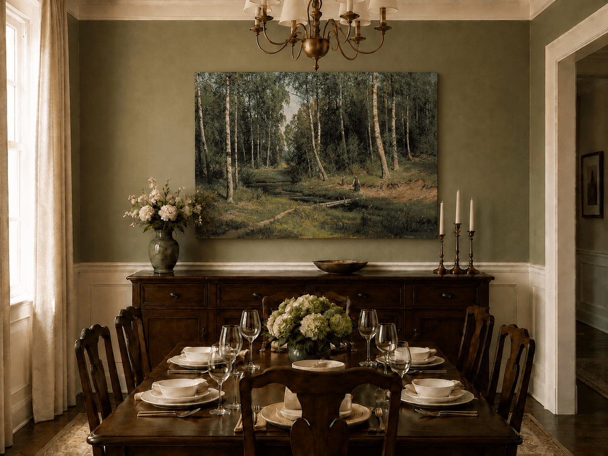 Unframed hand-painted forest stream oil painting with figures among the trees displayed above a formal dining table.