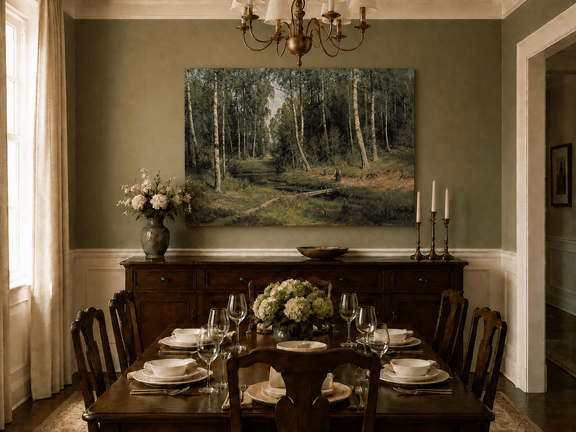 Unframed hand-painted forest stream oil painting with figures among the trees displayed above a formal dining table.
