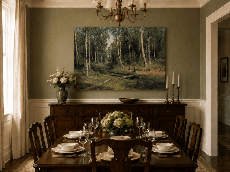 Unframed hand-painted forest stream oil painting with figures among the trees displayed above a formal dining table.