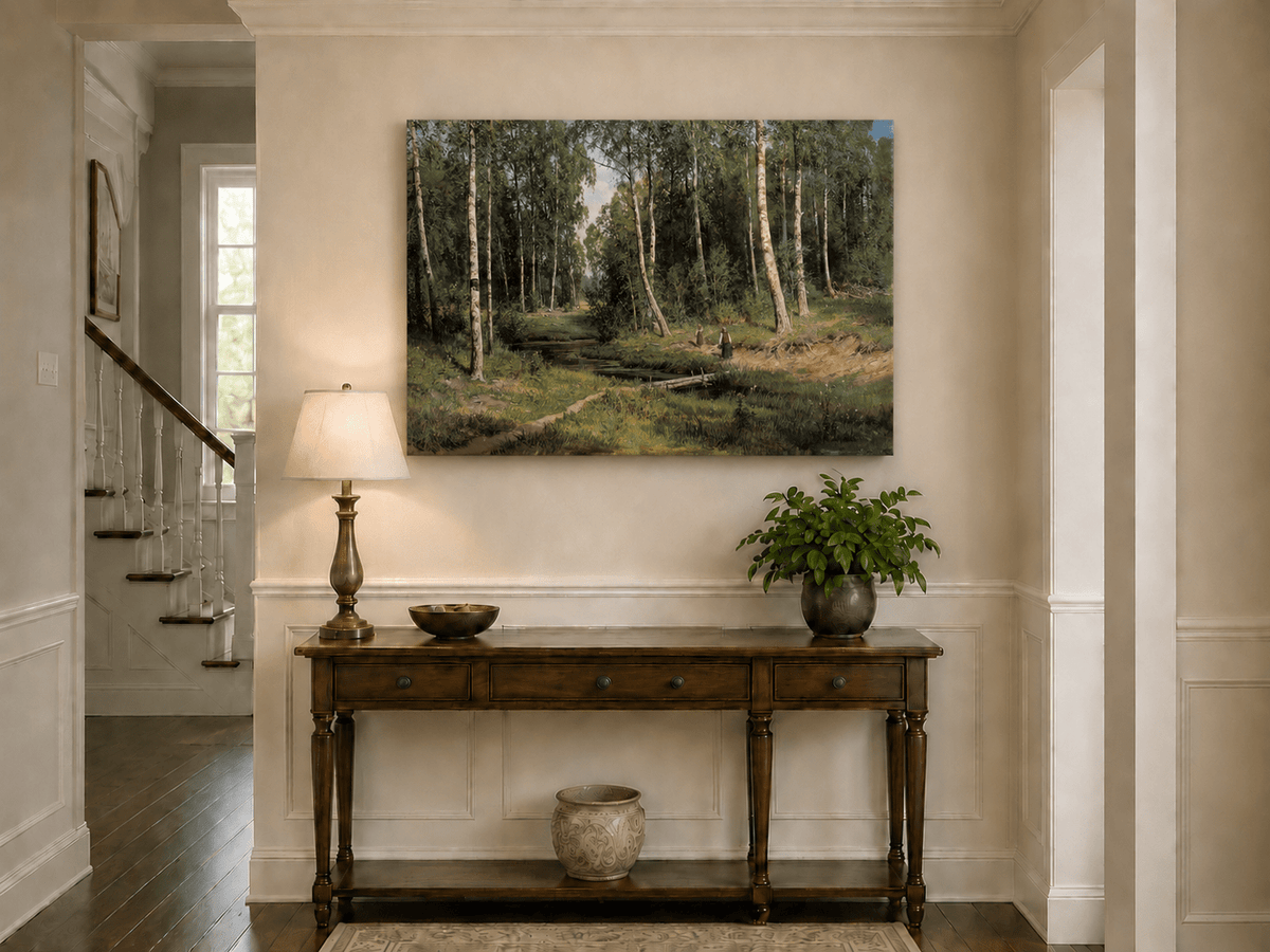 Unframed hand-painted forest stream oil painting with figures among the trees displayed above an entryway console table.