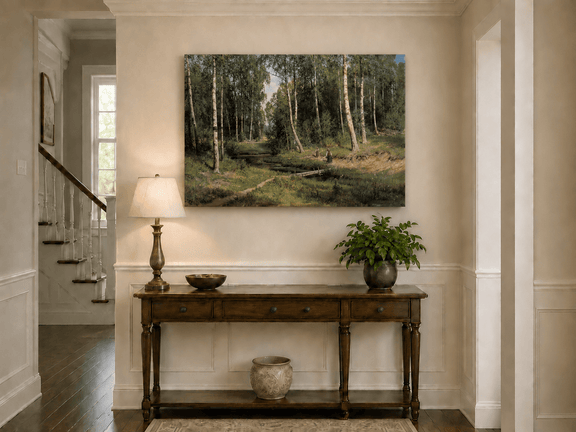 Unframed hand-painted forest stream oil painting with figures among the trees displayed above an entryway console table.