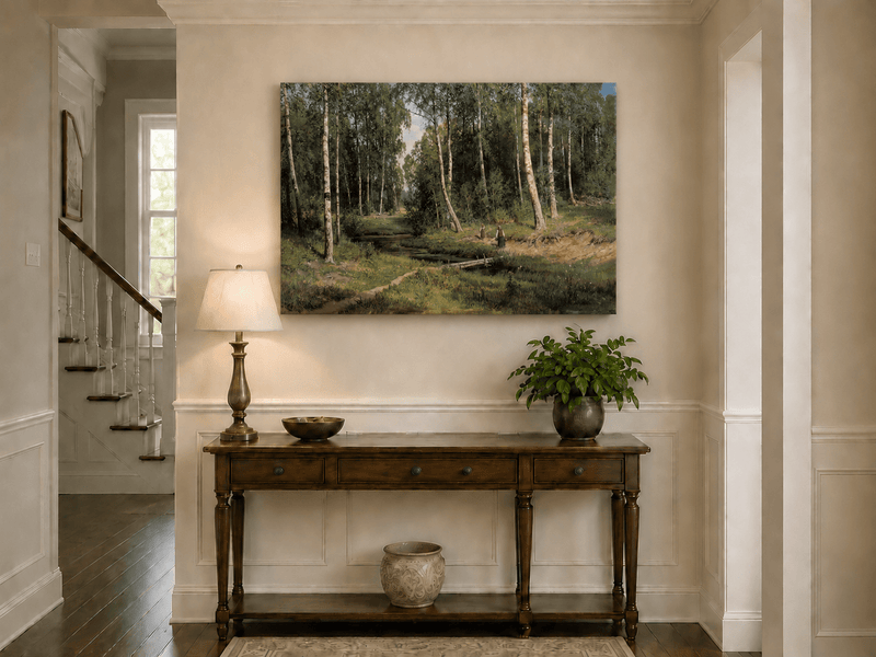 Unframed hand-painted forest stream oil painting with figures among the trees displayed above an entryway console table.