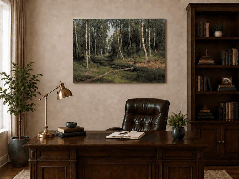 Unframed hand-painted forest stream oil painting with figures among the trees displayed above a traditional home office desk.