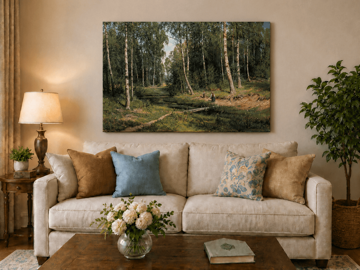 Unframed hand-painted forest stream oil painting with figures among the trees displayed above a neutral living room sofa.